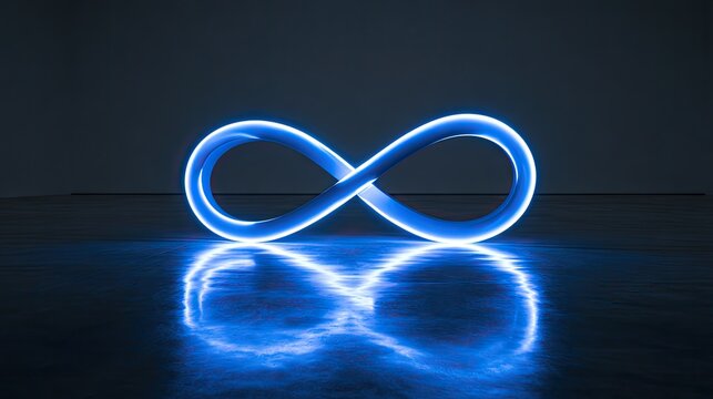 Blue neon infinity symbol glows and reflects on a dark, wet surface