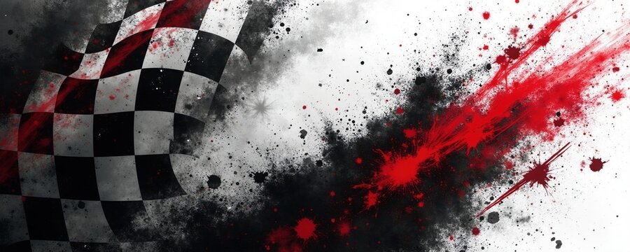 Abstract racing flag banner with grunge halftone texture. Black, white checkered pattern design features vibrant red paint splatters. Dynamic energetic background for sports events motorsports