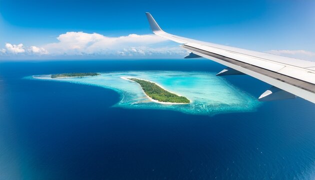 airplane window view shows a wing over a small tropical island with turquoise lagoon and coral reef bright daylight creates a calm travel mood