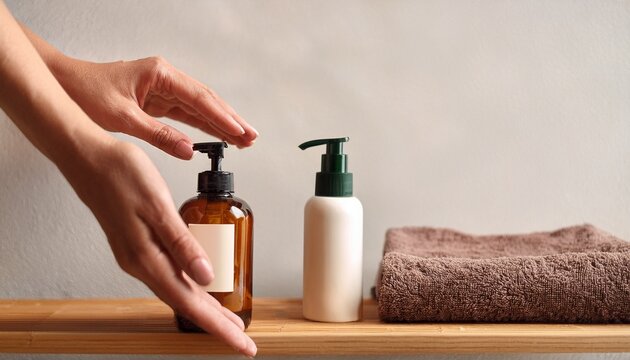 close view of hands reaching for hair styling cream on a wooden shelf beside a small bottle and folded towel calm minimal bathroom or vanity scene clean self care routine