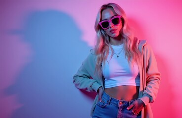 Obraz premium Blonde woman with sunglasses poses in neon lighting. She wears crop top, hoodie, jeans. Outfit is stylish, modern, suitable for fashion or lifestyle content. She stands against pink, blue backdrop.
