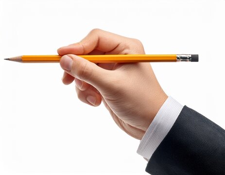 hand holding pencil isolated on white background