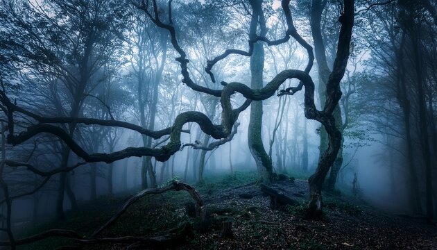 misty tendrils weave eerie embrace in shadowed forest evoking samhain whispers and cryptid folklore for nocturnal wanderers