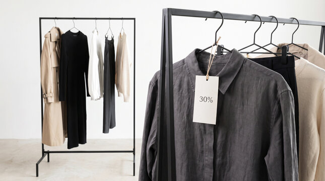 Clothing racks with various garments and a thirty percent discount tag black friday