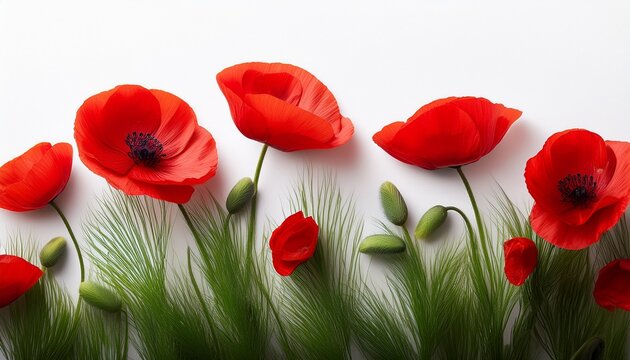 vivid red poppies isolated on white background featuring bright green