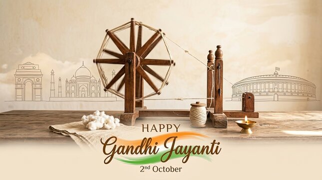 Celebrating independence day india gandhi jayanti with charkha and national landmarks