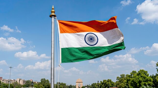 India independence day vibrant tiranga waving against a clear blue sky