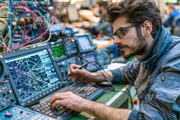 Obraz premium Aviation Engineer Calibrates Navigation Equipment in Maintenance Laboratory
