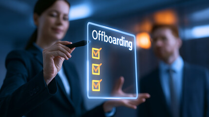 Fototapeta premium Businesswoman utilize futuristic touch screen technology virtual interface for offboarding process with checklist and completed tasks in office