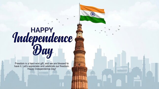 Celebrating independence day india qutub minar with national flag city skyline