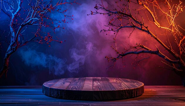 base para coloca&ccedil;&atilde;o de produto com decora&ccedil;&atilde;o de galhos, conceito obscuro, halloween, magia