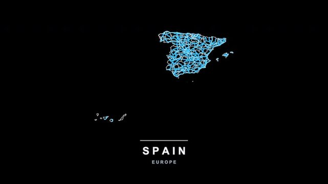 Spain Country Line Map Self Drawing Animated Overlay, Alpha 4K
