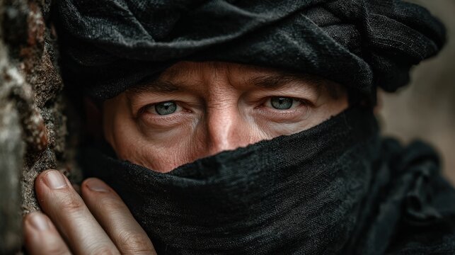 Close up portrait of soldier with blue eyes wearing black shemagh and turban hiding near a wall