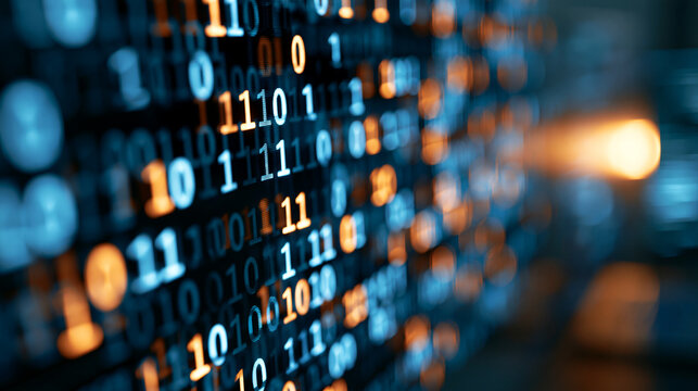 Defocused wall of glowing binary code in the background, abstract data stream, cybersecurity technology concept, with copy space