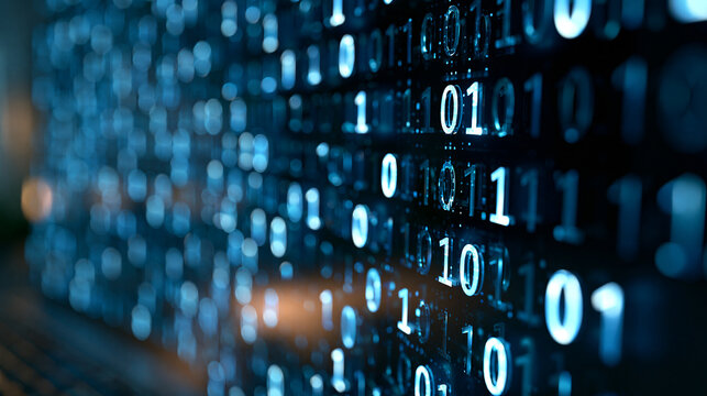 Defocused wall of glowing binary code in the background, abstract data stream, cybersecurity technology concept, with copy space
