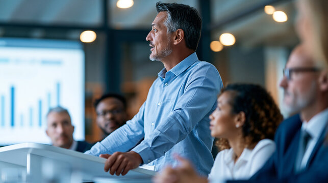 Faceless operations director gripping both sides of a podium in a small internal meeting room, presenting a digital transformation roadmap to seated middle managers with mixed