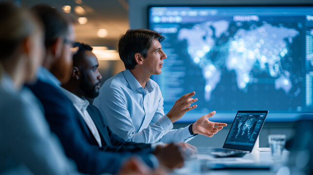 Blockchain supply chain pilot program coordinator presenting distributed ledger authentication results to grocery industry executives in a boardroom, produce provenance