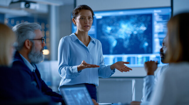 Blockchain supply chain pilot program coordinator presenting distributed ledger authentication results to grocery industry executives in a boardroom, produce provenance
