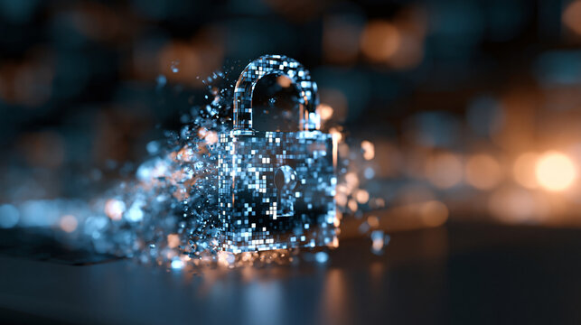 Digital lock icon shattering into fragmented pixels, cybersecurity breach visualization, data vulnerability concept, with copy space