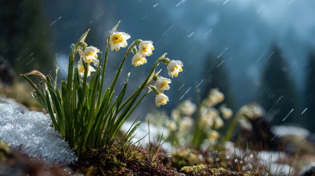 Delicate white spring snowflake flowers blooming near melting snow in the mountains during rainfall
