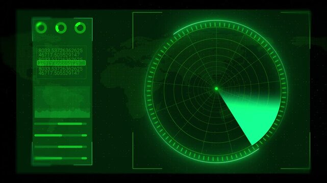 Futuristic green scanner HUD display radar sweep, global map dots, numeric panels, and glowing detection marks. security tracking systems, military graphics, navigation explainers, and tech overlays.