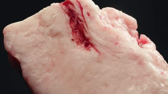 Raw lamb sheep fat tail fat on wooden board, close up of middle eastern pork or lamb dish. Rotating macro meat. 