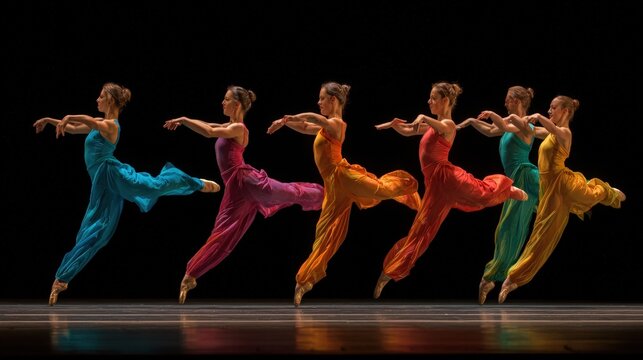 Ballet dancers jumping simultaneously on a stage wearing colorful costumes