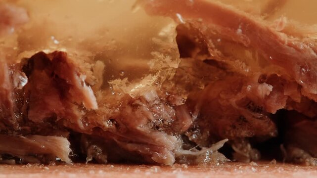 Meat aspic, slavic food, Traditional Russian pork meat aspic Kholodets with horseradish, mustard, jellied jelly beef, eating in restaurant chicken tasty dish. Close up on kitchen. 