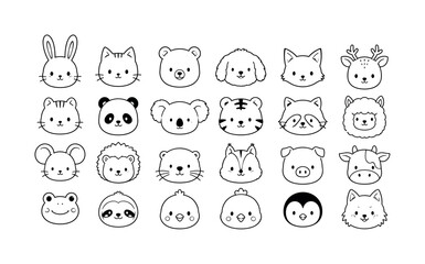 Fototapeta premium Collection of cute hand-drawn animal faces in a simple outline style