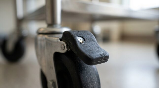 Vitals cart wheel lock lever catching a small reflection of window light | Healthcare & Hospital Equipment Stock Photo