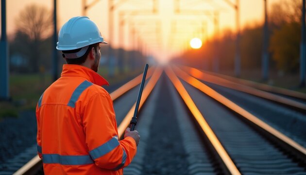 Man in hard hat and orange jacket stands by railway tracks at sunset. He holds a tool and surveys the area. Overhead electric wires are visible above the train route. Safety engineer works on site.