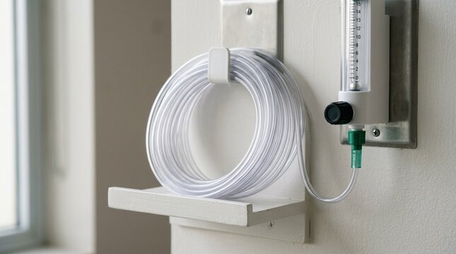 Oxygen tubing coiled neatly beside a wall-mounted flow meter | Healthcare & Hospital Equipment Stock Photo