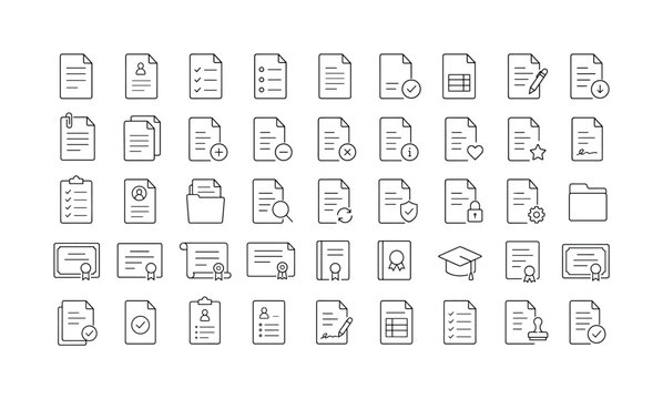 Collection of document and certificate icons with various symbols and actions