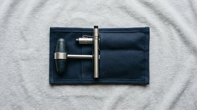 Reflex hammer and penlight arranged neatly in a chest pocket organizer | Healthcare & Hospital Equipment Stock Photo
