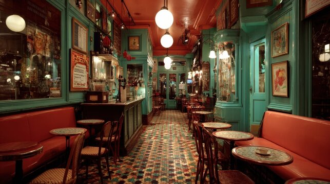Empty vintage Parisian cafe interior with red seats, turquoise walls, and tiled floor, creating a nostalgic atmosphere