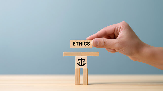 A hand places a wooden block with 'ETHICS' onto a structure of wooden blocks that includes a balance scale symbol, representing moral principles and justice