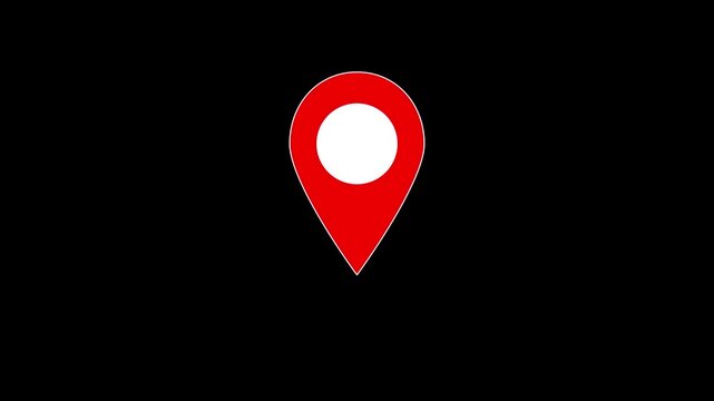 Red and white color map location pin symbol motion graphic on black background