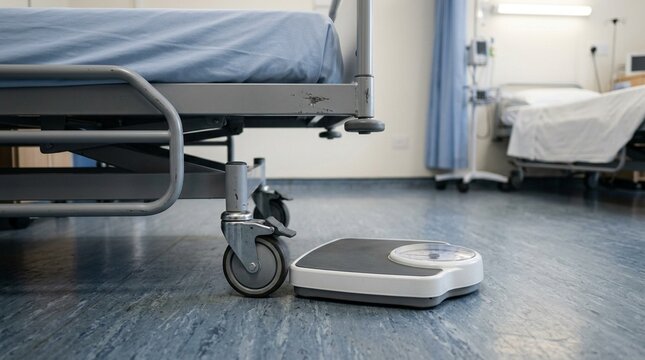 Weighing scale positioned discreetly beside a hospital bed frame | Healthcare & Hospital Equipment Stock Photo
