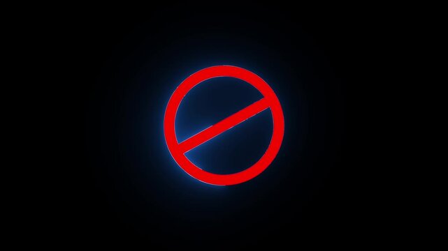 Simple neon line Ban icon.  Warning icon animation on black background