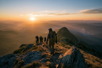 Obraz premium Nature Guide Leads Photographers to Mountain Sunrise Viewpoint as Day Begins