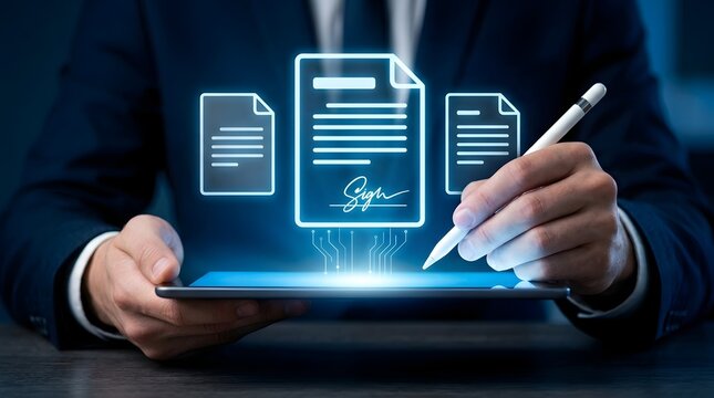 Businessman digitally signs a crucial electronic contract on a tablet using a stylus, streamlining online document management and secure agreements for modern business efficiency.