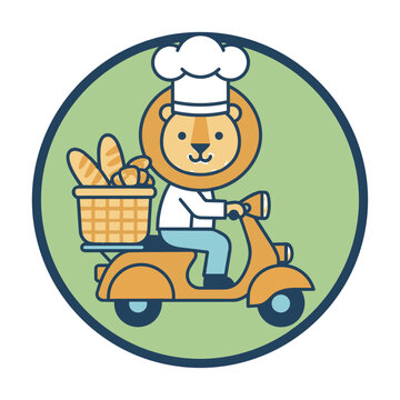 Stylized cartoon lion wearing a chef hat riding a vintage scooter with a basket of bread in a circular badge emblem design culinary business concept
