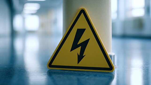 Yellow warning triangle with black lightning bolt symbol on floor