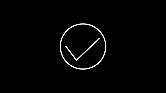 white color check mark icon on black background. glowing tik mark icon animation