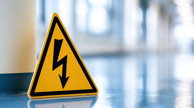 Yellow triangle warning sign with a black lightning bolt on a polished floor