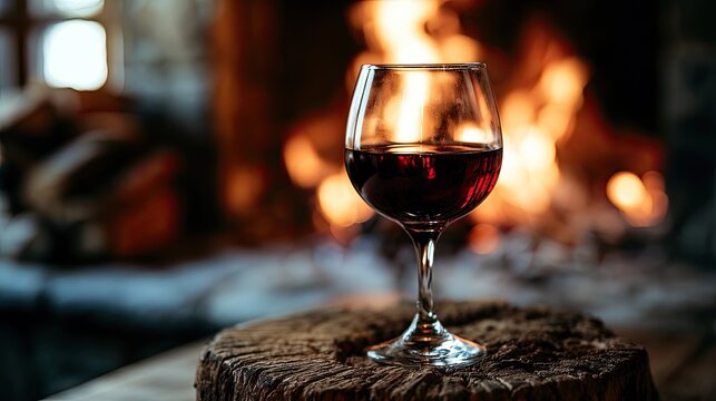 A glass of red wine rests on a wooden log before a warm, flickering fireplace