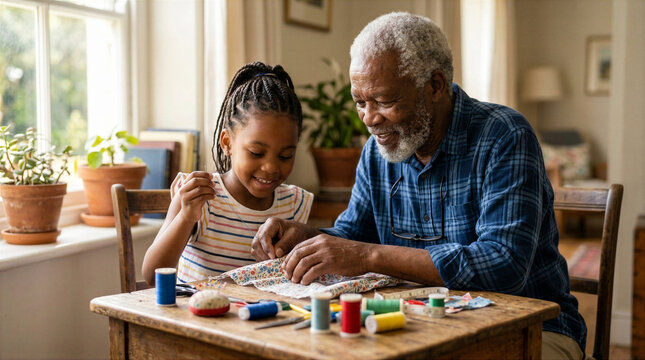 Grandfather and granddaughter sewing together at a wooden table