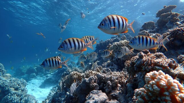 Vibrant coral reef teeming with colorful sergeant major fish creates a captivating underwater scene