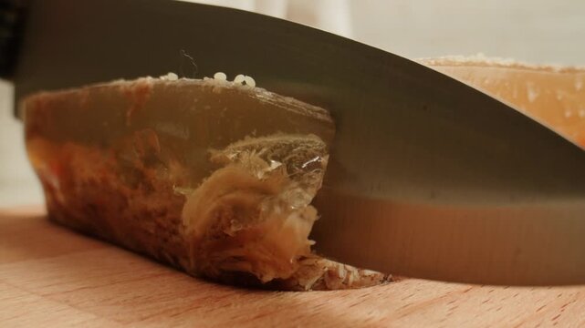 Meat aspic, slavic food, Traditional Russian pork meat aspic Kholodets with horseradish, mustard, jellied jelly beef, eating in restaurant chicken tasty dish. Close up on kitchen. 