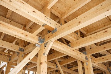 Fototapeta premium 新築住宅の建設現場で見られる木造建築の美しい構造と骨組み